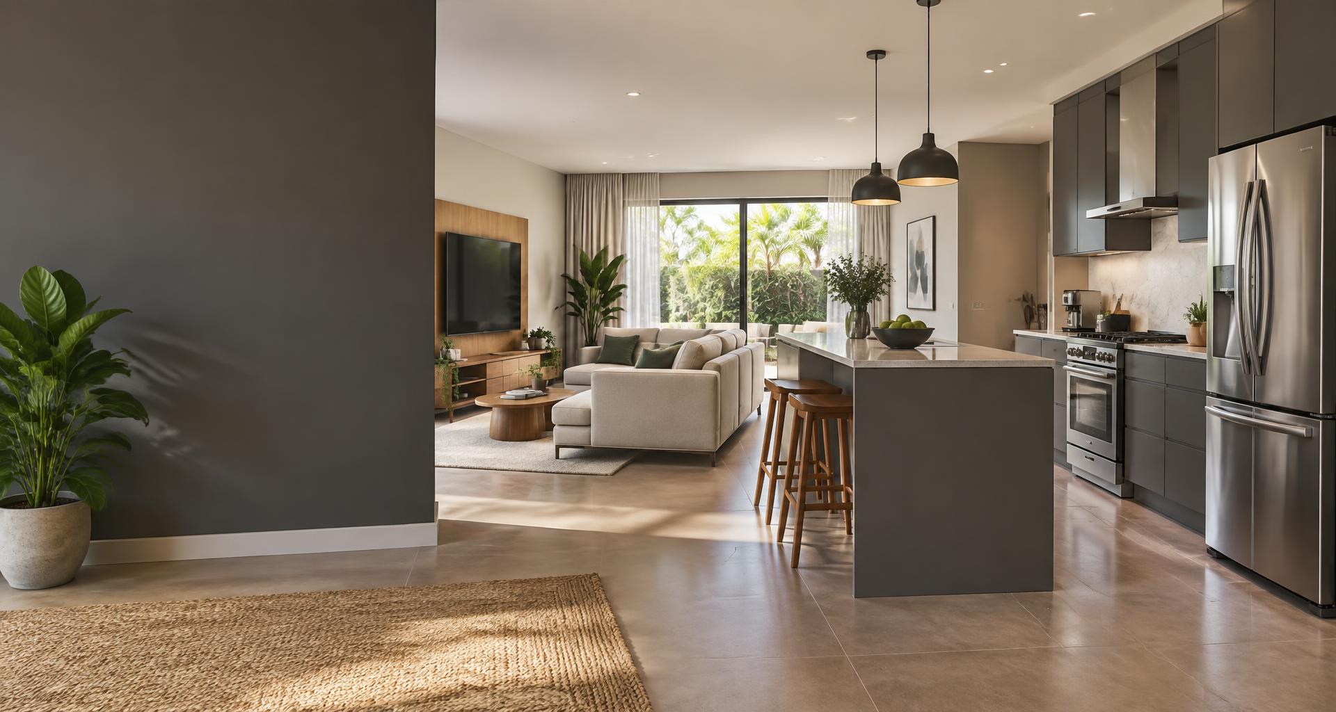 Casa moderna com sala integrada, televisão e cozinha equipada